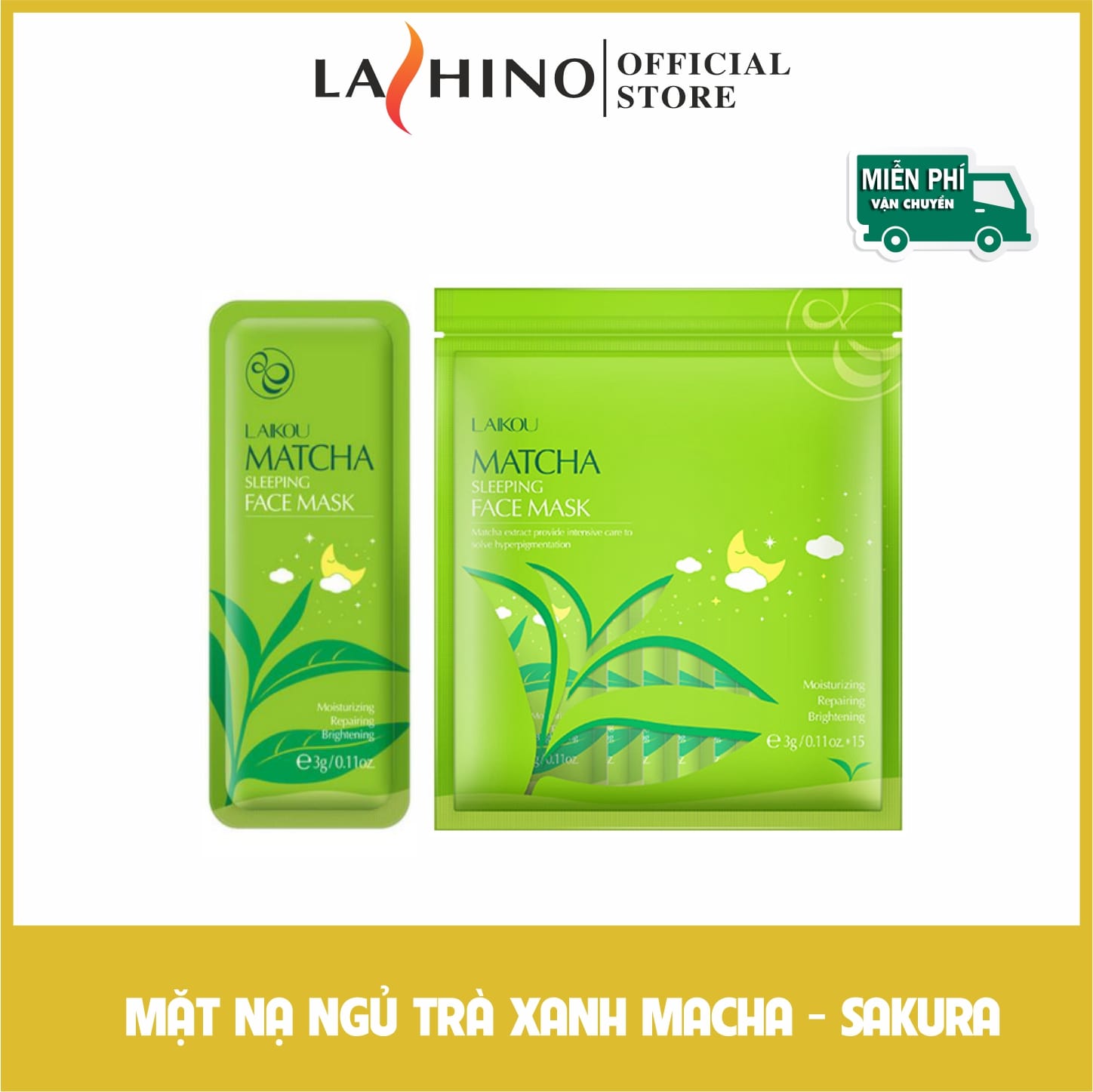 Mặt nạ ngủ laikou trà xanh macha - sakura TÚI 15 GÓI gói 3g ngừa mụn làn da căn mịn _ LaShiNo