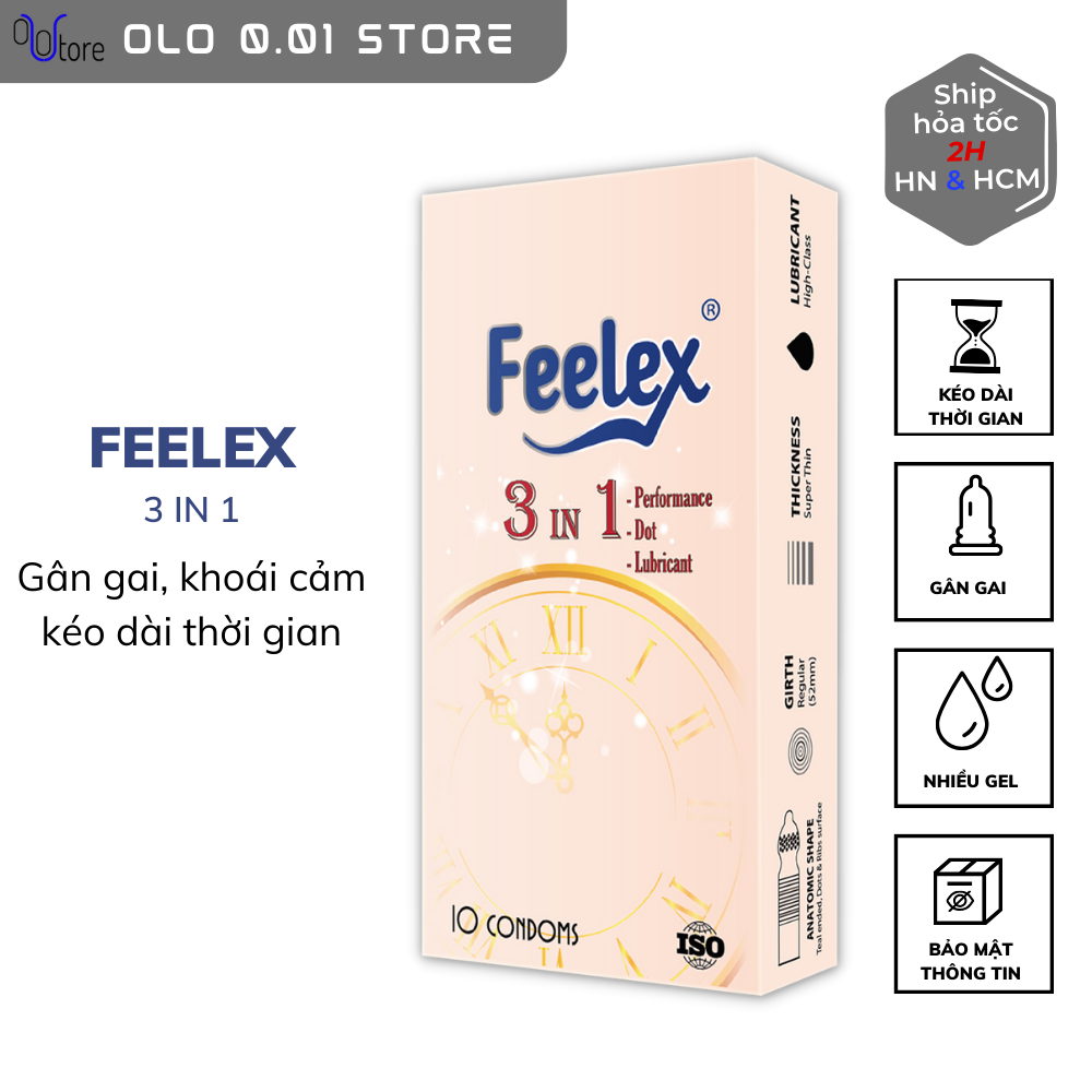 Bao cao su chống xuất tính sớm Feelex 3 in 1 gân gai kéo dài thời gian, nhiều mùi hương - Hộp 10 bcs
