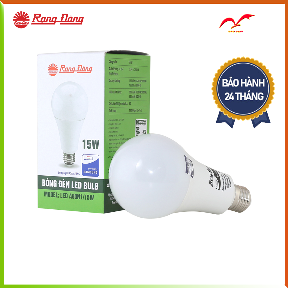 Rạng đông bóng đèn led bulb tròn 15w chip led samsung ánh sáng tự nhiên tuổi thọ cao a80n1/15w.h