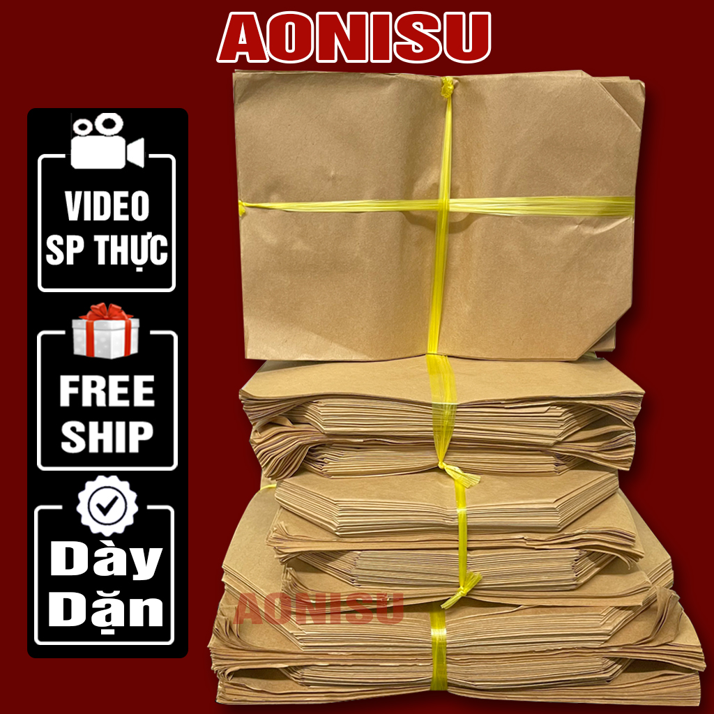 100 Túi Giấy Kraft Gói Hàng Đựng Bánh LOẠI DẦY SIÊU BỀN ĐỦ SIZE- Túi Đóng Hàng Túi Giấy Xi Măng Đựng Quà KHÔNG QUAI - Túi Gói Hàng Giá Sỉ - Bao Bì AONISU