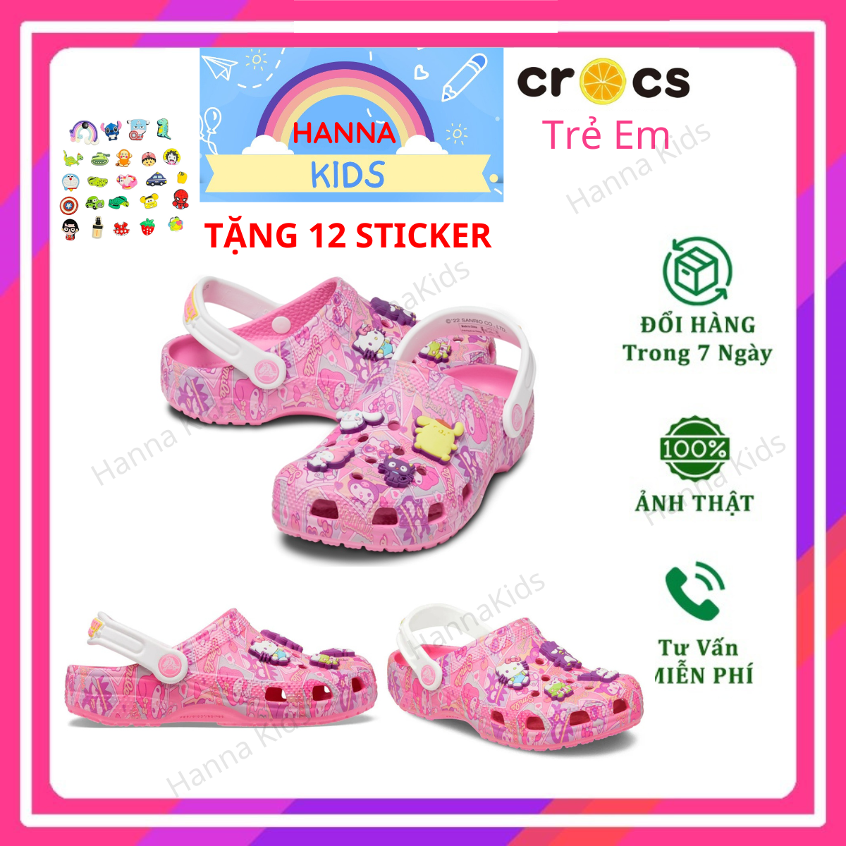   TẶNG 12 STICKER  - Dép Cross Hello Kitty cho bé gái trẻ em nữ HannaKids Sục Croc cho người lớn giày xục Cros Clog Kid hàng xuất khẩu cao cấp - Thế Giới Cross 