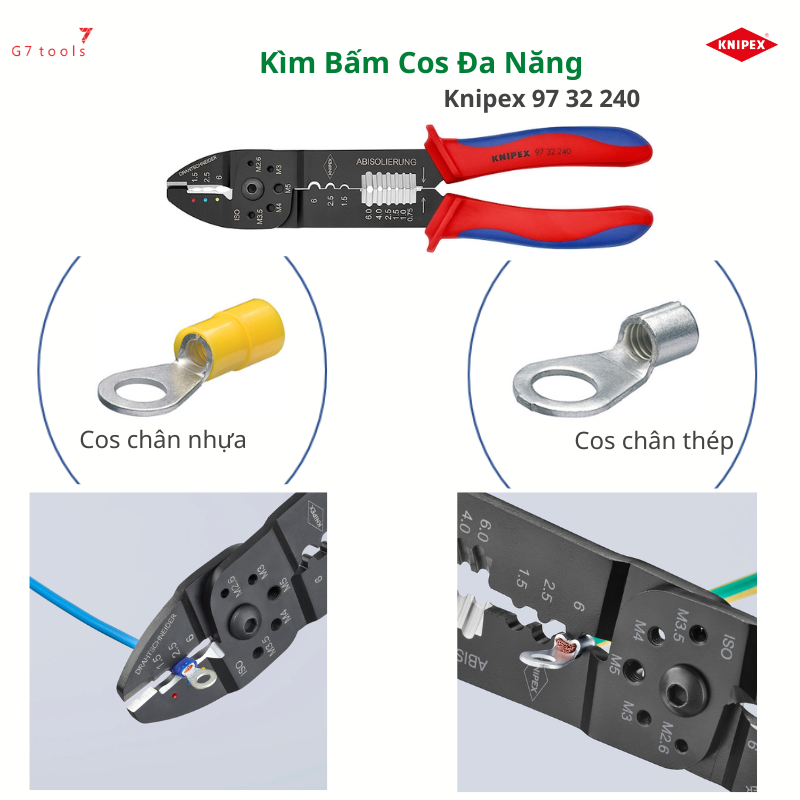 Kìm bấm cos knipex đa năng: bấm nhiều loại cos 0.5 - 6.0 mm², cắt & tách cáp điện 97 22 240/ 97 32 240