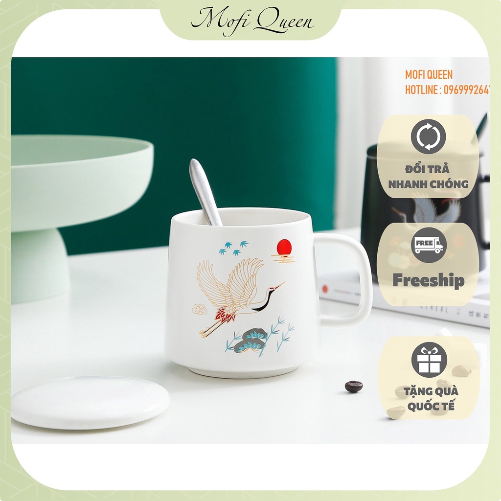 Ly sứ uống nước, Ly nuoc, Quà lưu niệm, cute họa tiết đẹp, kèm muỗng và nắp 360ml
