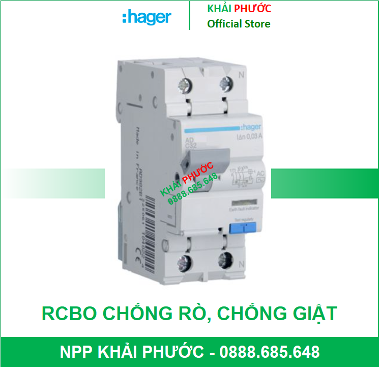 Rcbo cb chống rò chống giật quá tải ngắn mạch 1 pha 2p 2 cực 10a 16a 20a 25a 32a 40a 30ma hager - khải phước electric