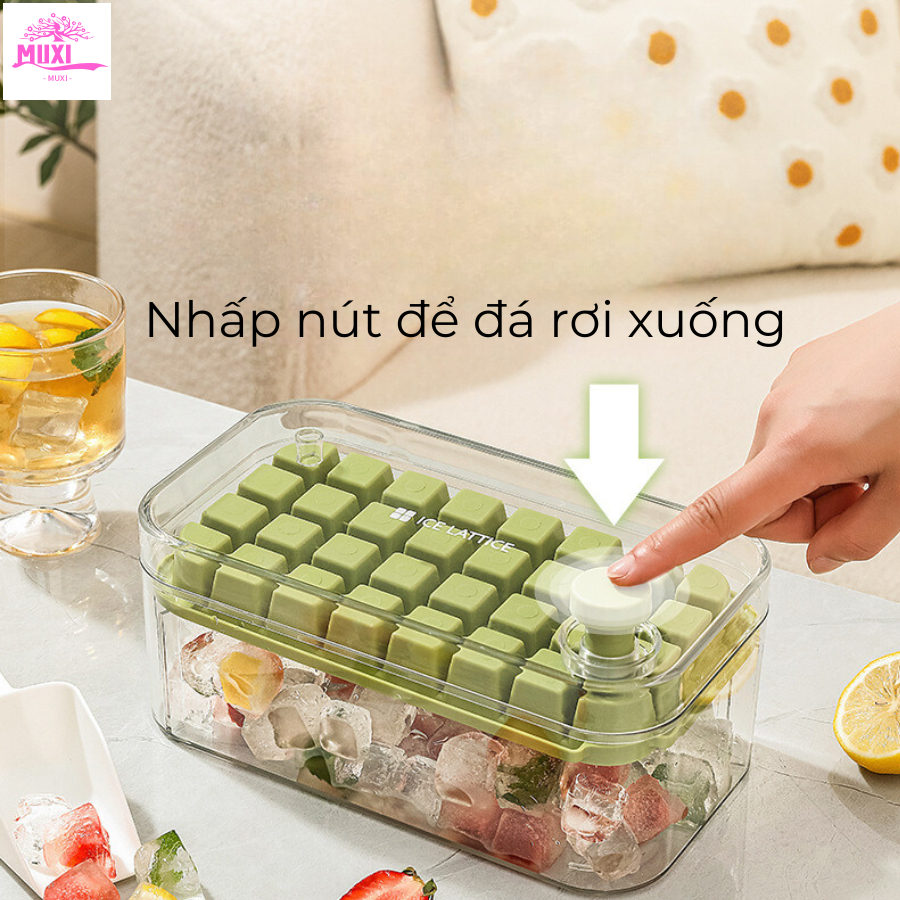 Hộp khay làm đá thông minh nhấn nút lấy đá dễ dàng,khay 64 viên 2 tầng tiện lợi thông minh - tặng kèm xẻng xúc đá