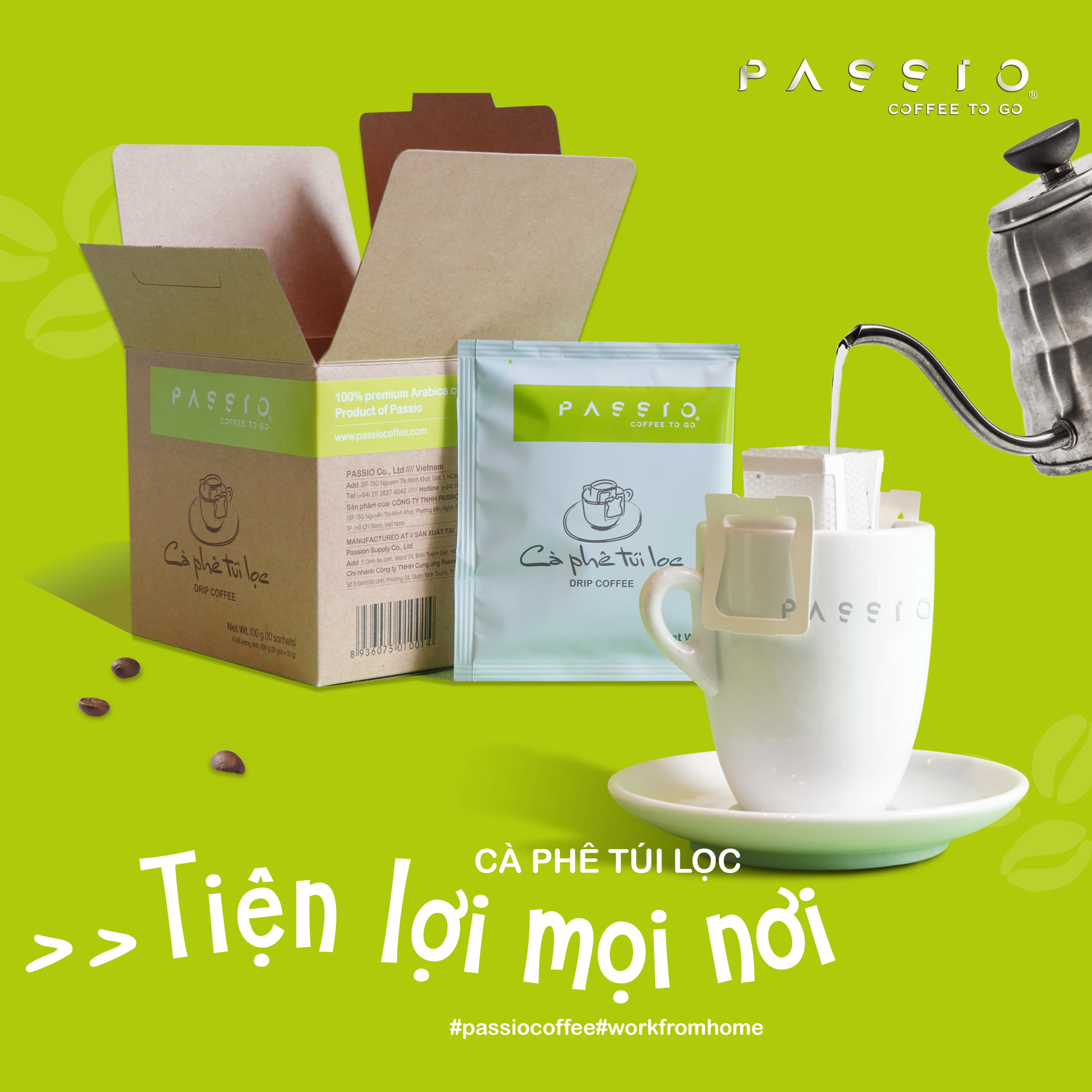 Cà phê túi lọc 100% nguyên chất rang mộc - Passio Coffee (Hộp 10 gói x 10g)