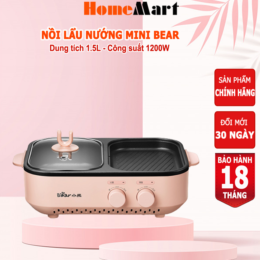 Nồi lẩu nướng mini BEAR, bếp lẩu nướng 2 in 1, dung tích 1500ml 1200W, chống dính cao cấp, HOMEMART – Hàng chính hãng bảo hành 18 tháng