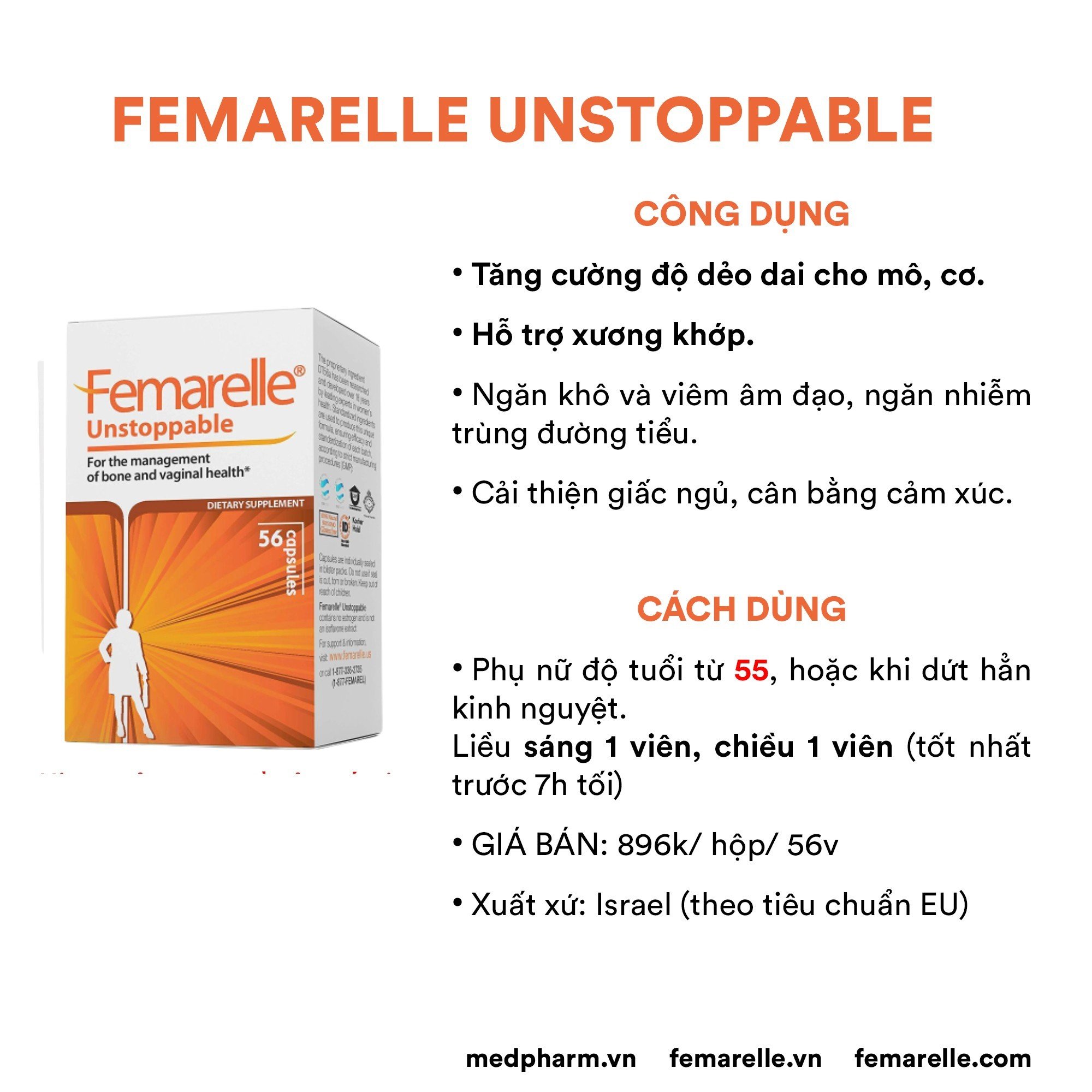 Femarelle Unstoppable - Thực phẩm BVSK dành cho phụ nữ hậu mãn kinh: hỗ trợ xương khớp, tăng dẻo dai cho mô và cơ, cải thiện giấc ngủ....