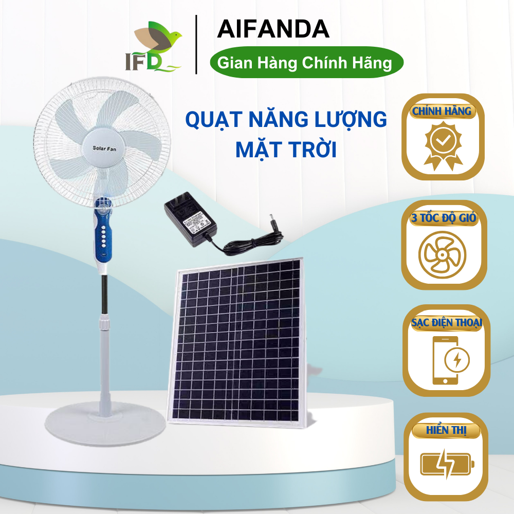 Quạt Năng Lượng Mặt Trời AIFANDA 20W, Quạt Sạc Tích Điện Có Cổng sạc USB, Đèn LED - HÀNG CHÍNH HÃNG BẢO HÀNH