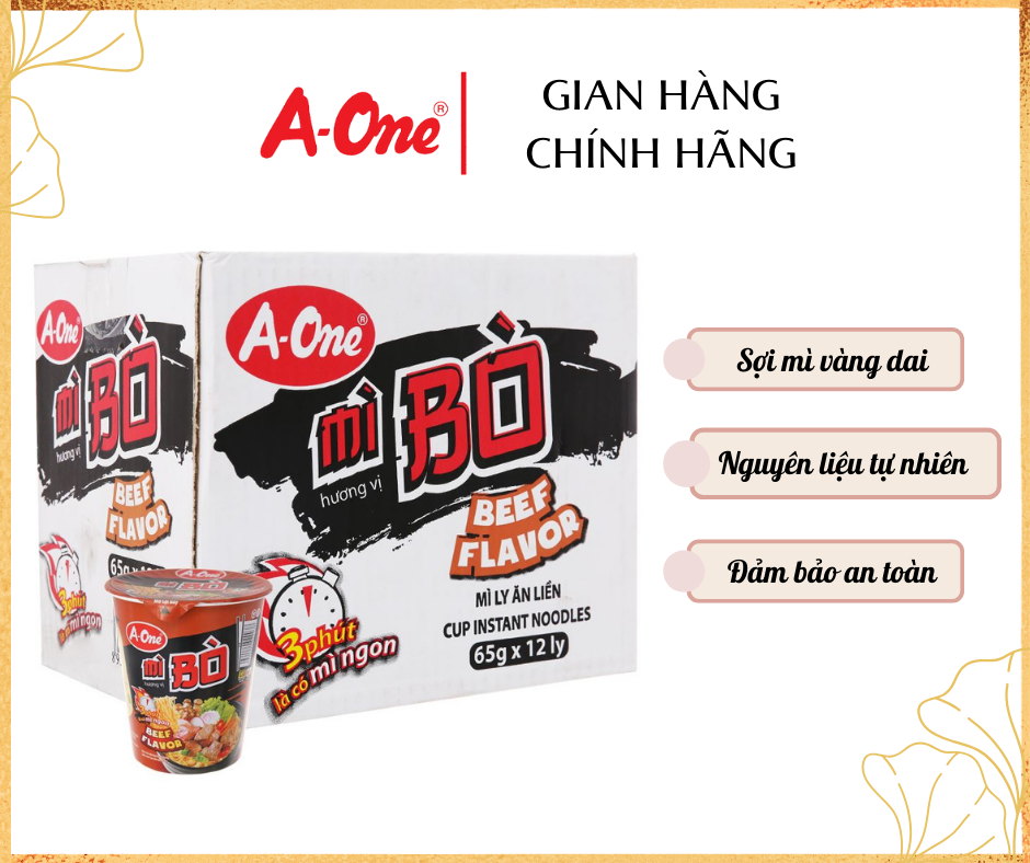 A-One Instant Noodles 65g Beef Flavor 12 cups box