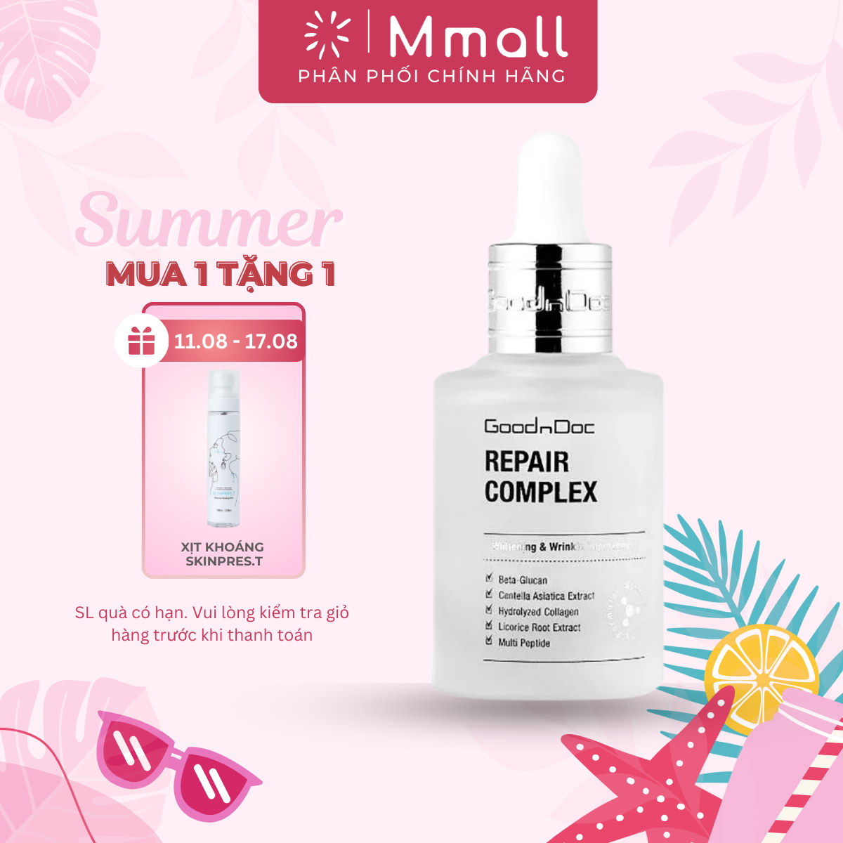 Serum rau má cấp ẩm phục hồi GoodnDoc Centella Collagen Peptide Repair Complex Tinh chất rau má giảm mụn chống lão hoá