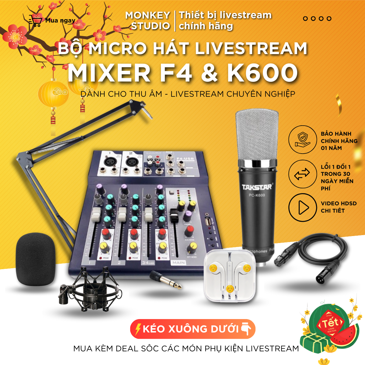 Mic Livestream | Micro thu âm Mixer F4 & Mic TAKSTAR PC K600 Hát Livestream Điện Thoại Chuyên Nghiệp, Monkey Studio