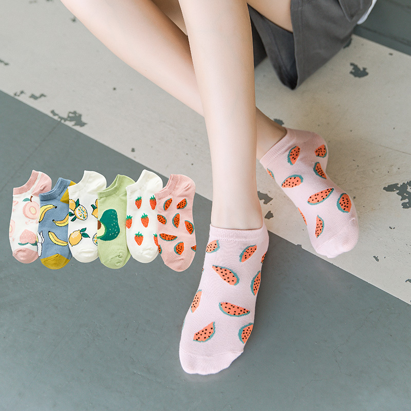 Hài hước dễ thương Phim hoạt hình trái cây In bông Nữ Vớ Dưa hấu Dâu chuối Bơ Phụ nữ Vớ Hàn Quốc Vớ thời trang thuyền viên
