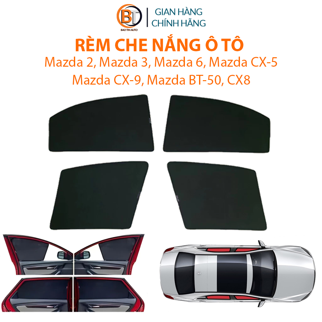Bộ 4 tấm rèm che nắng hít nam châm xe ô tô Mazda 2, Mazda 3, Mazda 6, Mazda CX3, Mazda CX5, Mazda 8, Mazda BT50 chống tia uv chắn nắng, nóng cho xe hơi hút nam châm theo chuẩn cho từng dòng xe oto