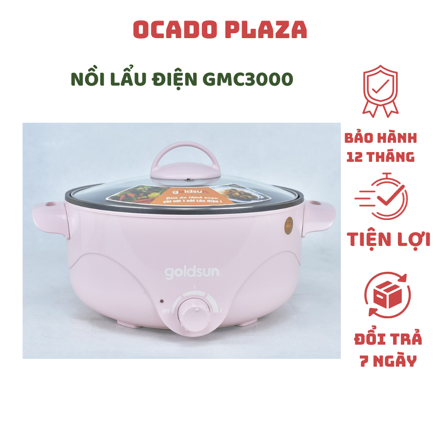 Nồi lẩu điện đa năng Goldsun GMC3000 dung tích 3l, lòng nồi Inox chống dính, vung kính chịu lực bảo hành 12 tháng