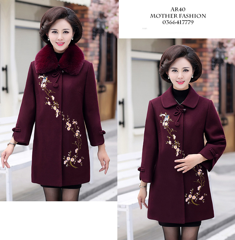 Áo khoác dạ cho mẹ, áo khoác dạ thêu hoa cho nữ trung niên AR40
