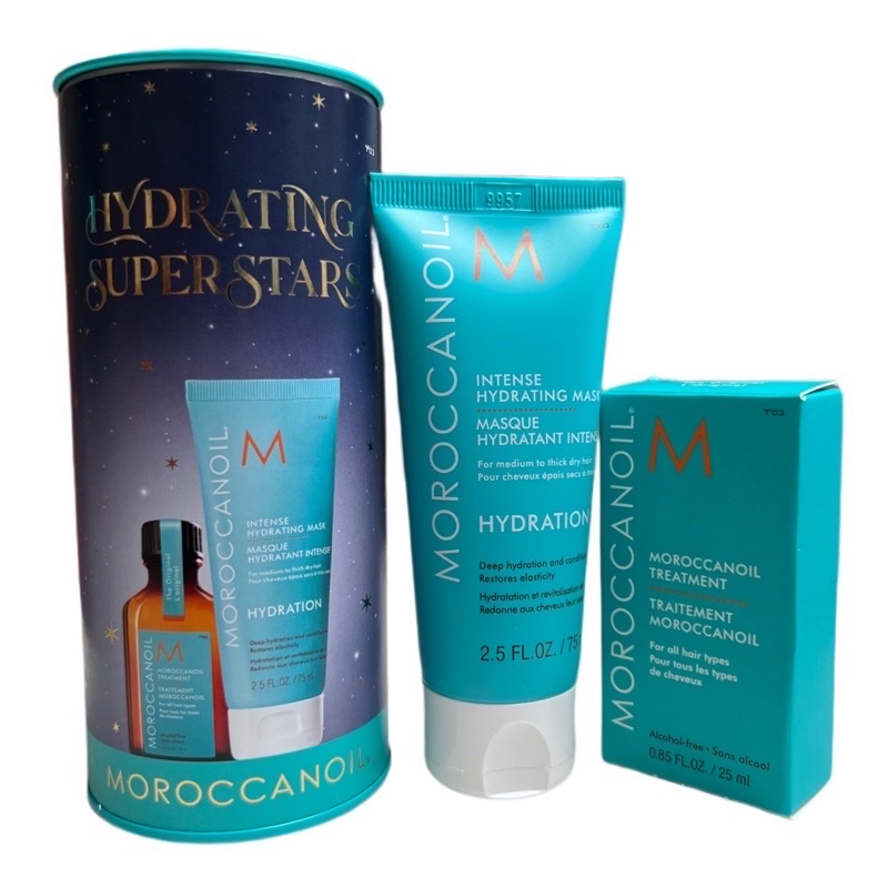 Bộ sản phẩm Hydrating Superstars: Tinh dầu dưỡng tóc Moroccanoil 25ml + Mặt nạ Hydration Mask 75ml ( New 2023 )