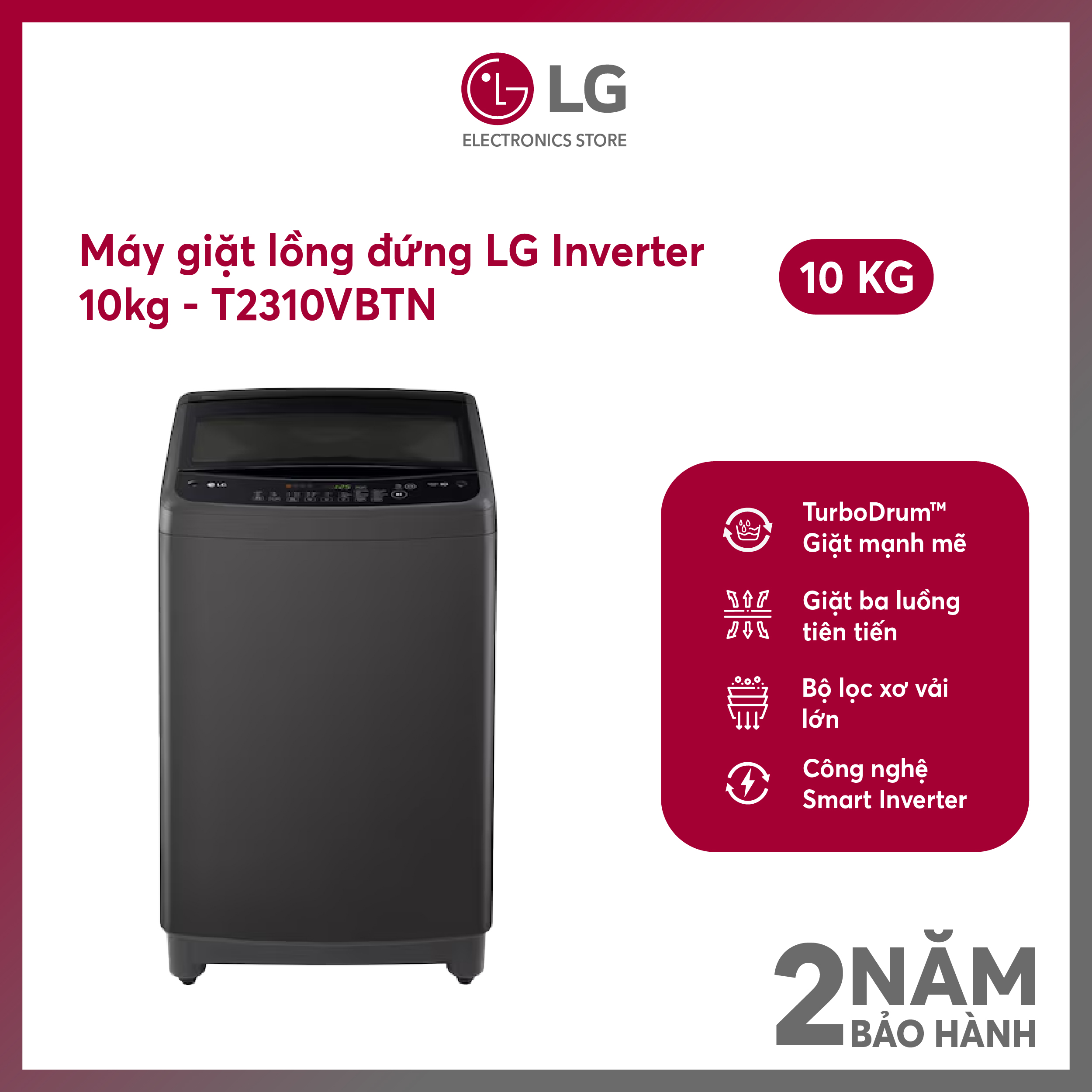 [MODEL 2025][FreeSHIP COD + Lắp Hà Nội] Máy giặt lồng đứng LG Inverter 10kg màu đen T2310VBTN