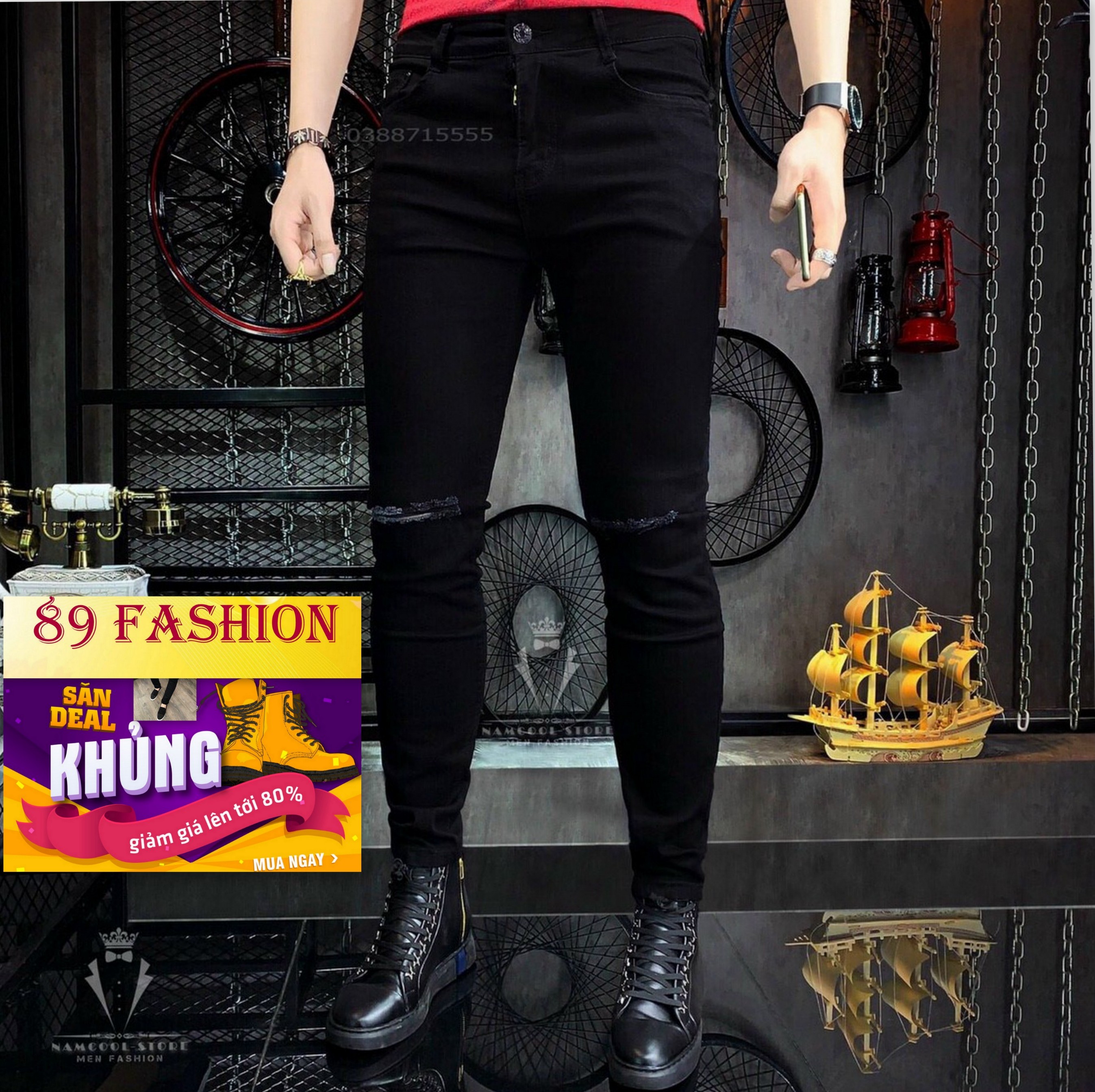 quần jean nam cao cấp màu đen rách gối hiện dại ống côn siêu hot siêu đẹp MV50 89FASHION full tem mác thiết kế trẻ trung hiện đại thời trang 89fahsion an 11