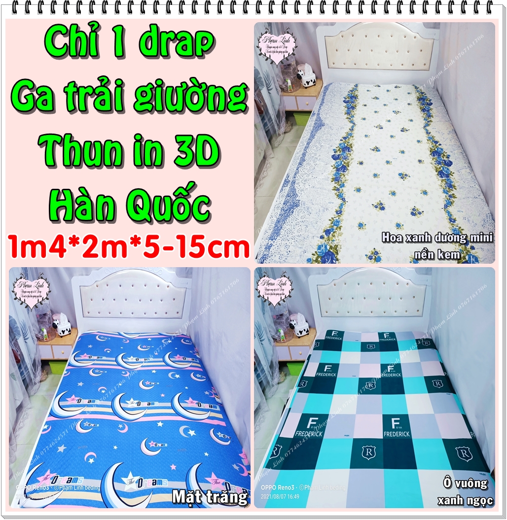 Drap lẻ Ga trải giường bo chun thun in 3D Hàn Quốc sợi Polyester chỉ 1 drap