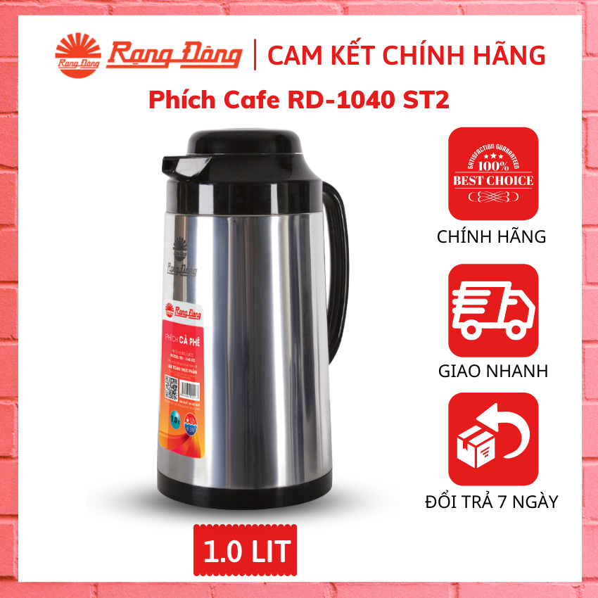 Phích café rạng đông 1l – model: rd-1040 st2 -phích nước nóng inox, bình giữ nhiệt – bình thủy rạng đông - ruột thủy tinh cao cấp giữ nhiệt tốt tới 24h