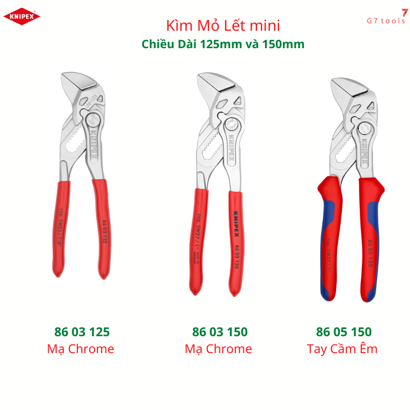 Kìm mỏ lết mini knipex 86 03 125/ 86 03 150 & 86 05 150 thân kìm mạ chrome hạn chế gỉ sét - sản xuất tại đức