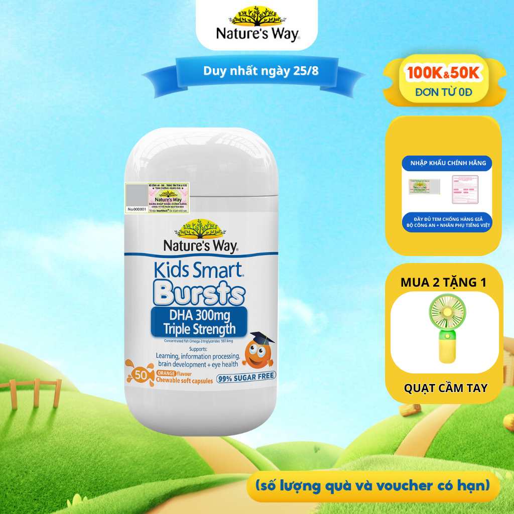 Viên Nhai Nature's Way Kids Smart DHA 300mg Triple Strength Tăng Cường Sự Phát Triển Của Trẻ 50 Viên