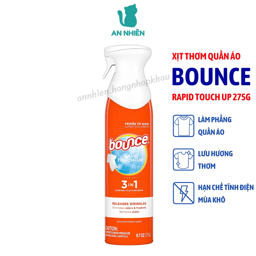 Xịt phẳng và thơm quần áo Bounce Rapid Touch Up 3 in 1 Mỹ 275g