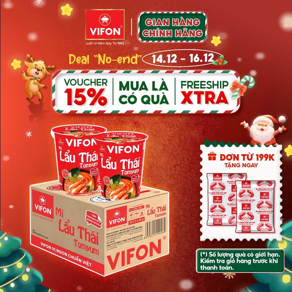 VOUCHER 15% Thùng 24 ly Mì Ly Lẩu Thái Tomyum KimChi Lẩu Thái Tôm Bò Gà Vị Chay VIFON 60g Ly