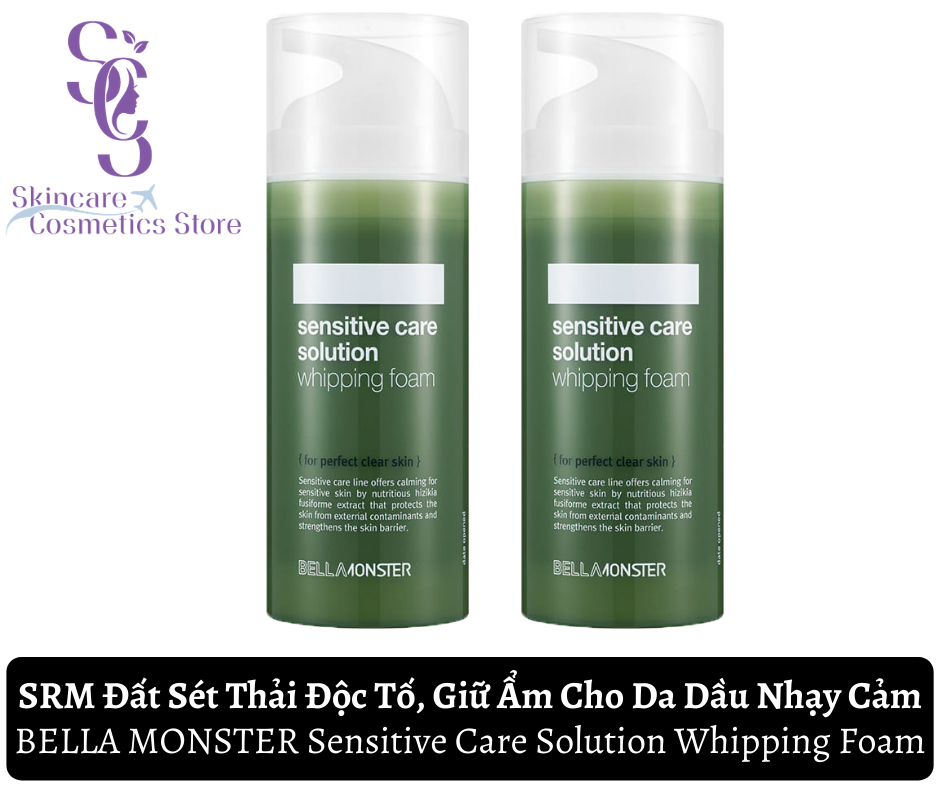 [HCM]Sữa Rửa Mặt Đất Sét Thải Độc Tố Giữ Ẩm Cho Da Dầu Nhạy Cảm BELLA MONSTER Sensitive Care Solution Whipping Foam