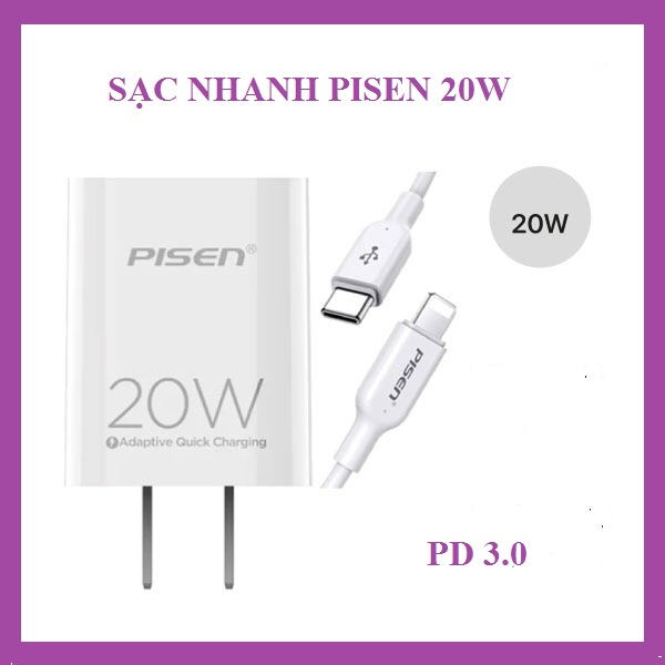 bộ sạc Pisen 20W hỗ trợ sạc nhanh PD 3.0 dùng cho iphone, ipad