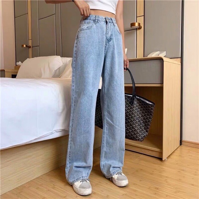 Quần Dài Jeans Suông Lưng Cao Qua Rốn BigSize / Quần Suông Ống Rộng RÁCH GỐI / TRƠN Không Giãn [Size 32~35]