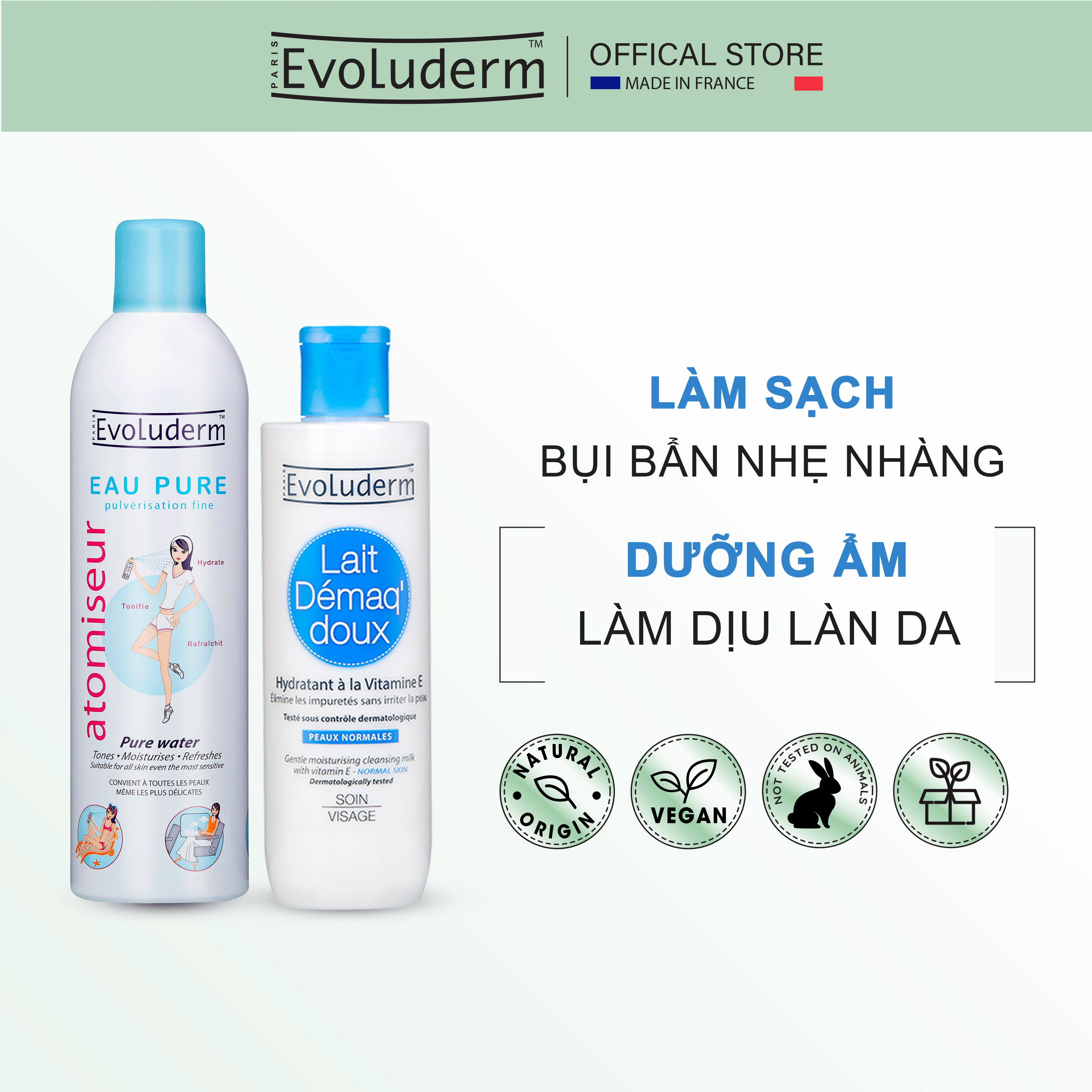 Bộ 2 xịt khoáng cấp ẩm 400ml và Sữa rửa mặt bỗ sung Vitamin E Cho Da Thường 250ml Evoluderm