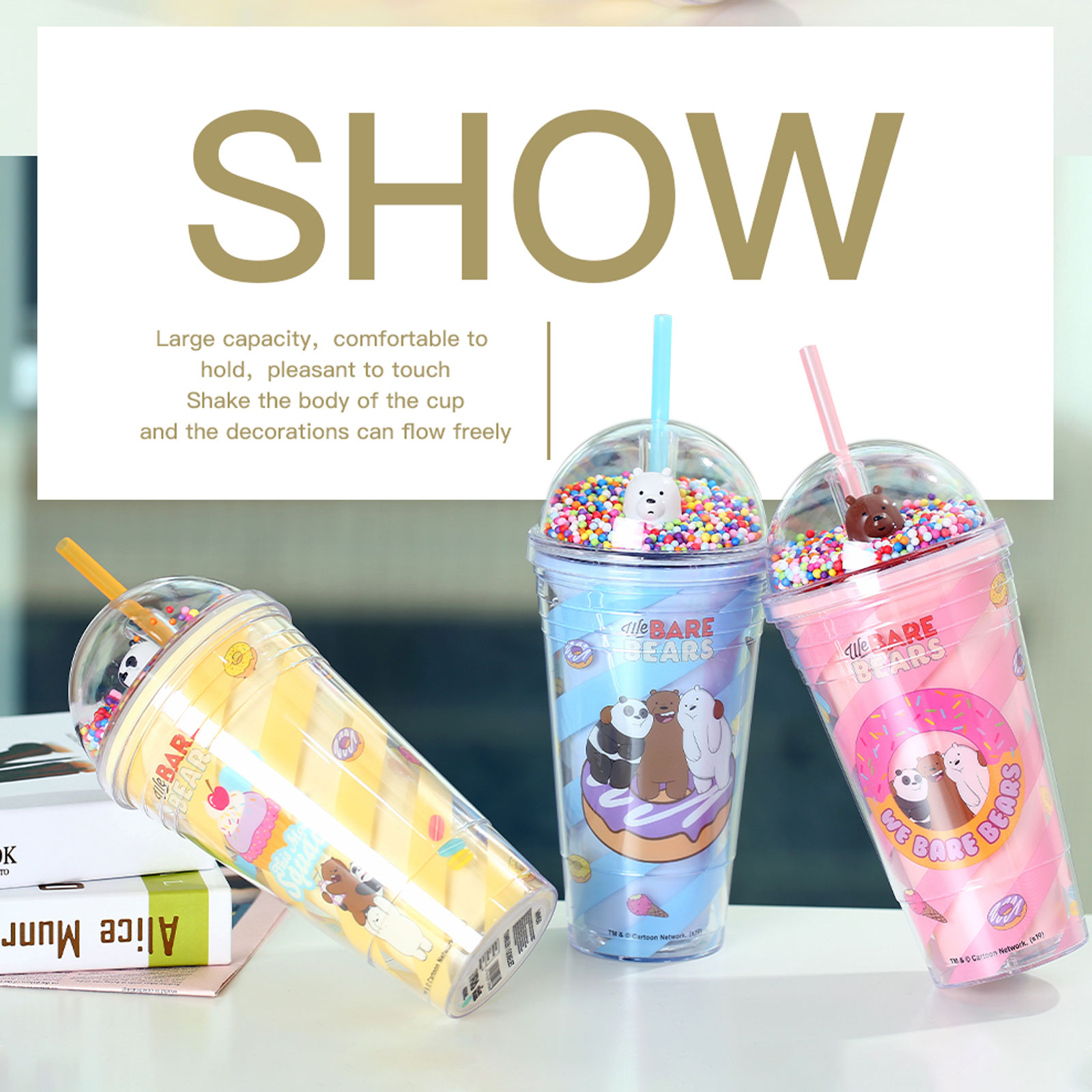 Cốc nhựa kèm ống hút We Bare Bears x Miniso ly 2 lớp cao cấp hồng/xanh/vàng dễ thương dung tích 480ml