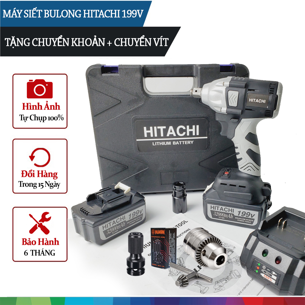 Máy Siết Bulong HITACHI 199V Lõi Đồng Không Chổi Than Tặng Đầu Chuyển Khoan Và Chuyển Vít