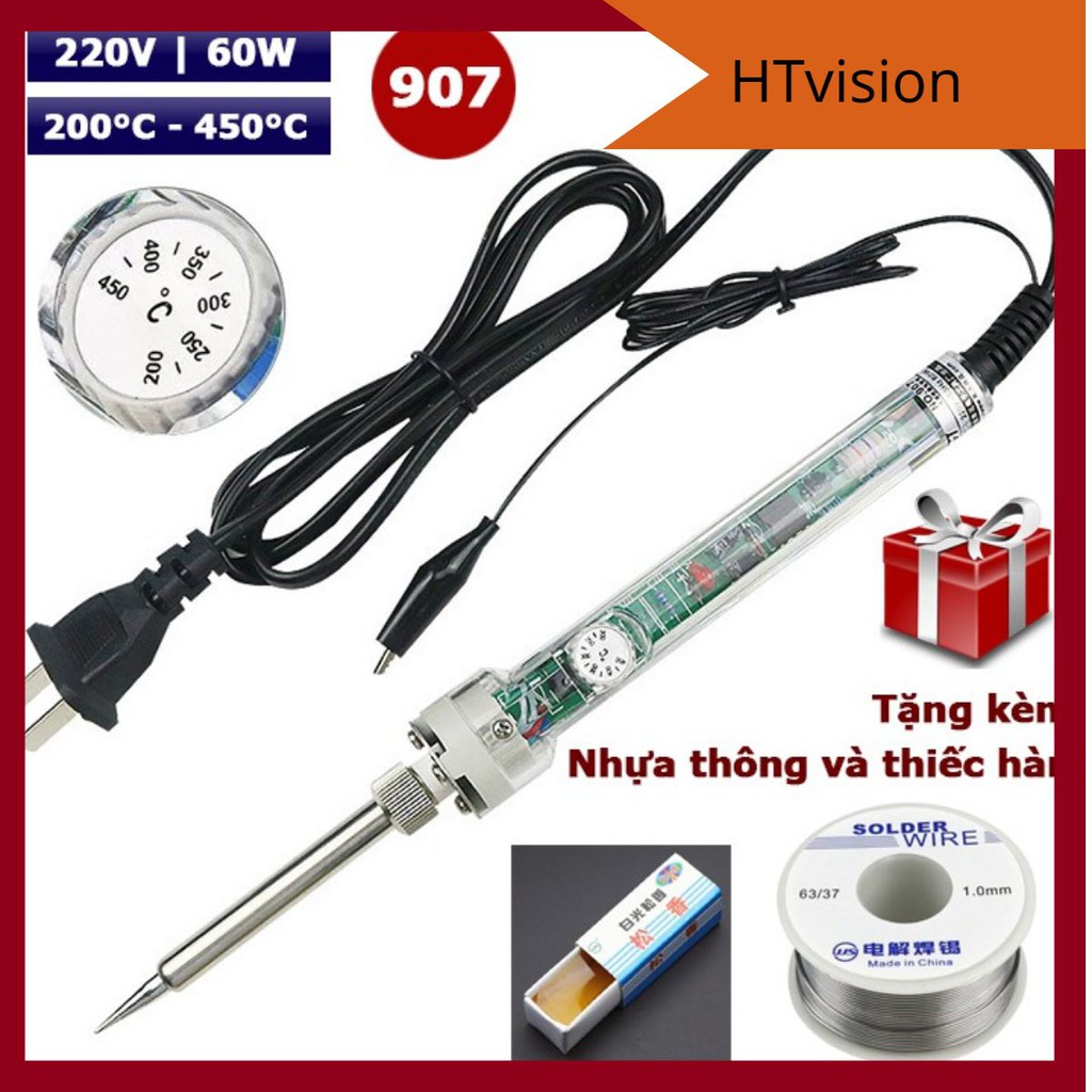 Mỏ hàn thiếc có điều chỉnh nhiệt độ 907 tặng kèm thiếc hàn và nhựa thông