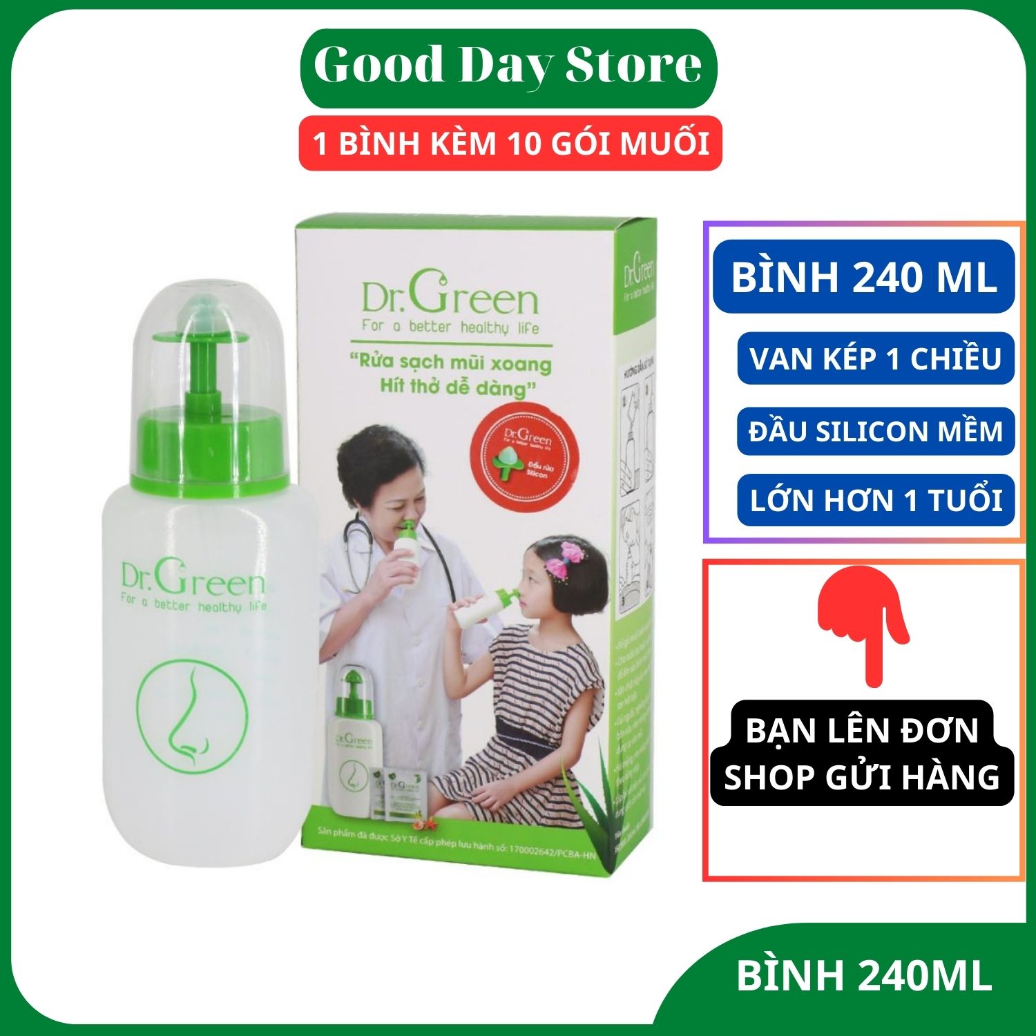 Bình xịt rửa mũi 240ml Dr Green - Tặng kèm 10 gói muối biển nha đam