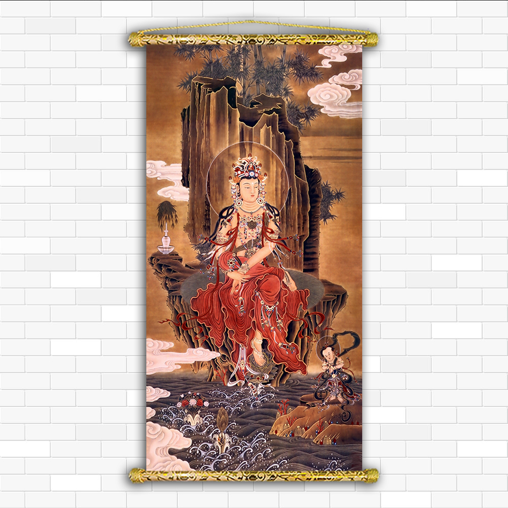 [HCM]Tranh Liễn Phật Giáo - Quan Thế Âm Bồ Tát KT 40x80 cm – Vải canvas kim tuyến nẹp sáo gỗ tự nhiên nhiều mẫu thiết kế