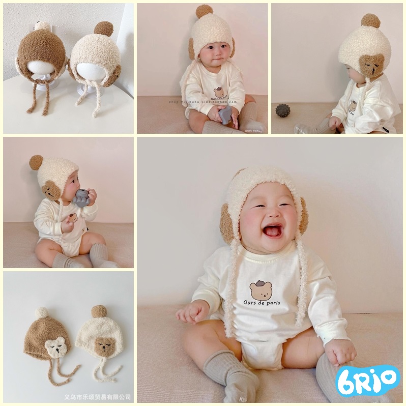 Mũ len mặt gấu đáng yêu có dây buộc cho bé từ 2-24m