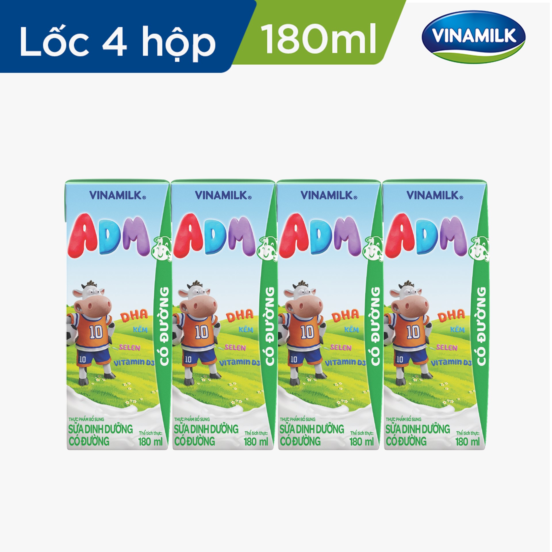 Sữa dinh dưỡng có đường Vinamilk ADM - Lốc 4 hộp 180ml