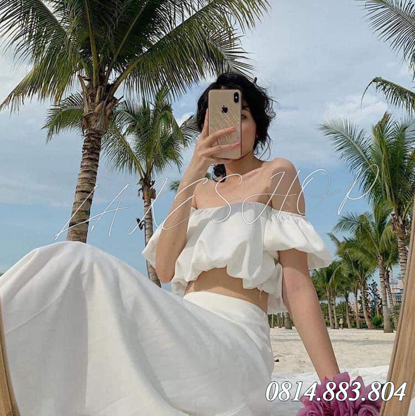 Đồ Bộ Nữ | Áo Trễ Vai Mix Chân Váy Trắng Dài 2 Lớp Chất Đũi Mềm Đẹp Order Quảng Châu [ẢNH THẬT-CHẤT ĐẸP]