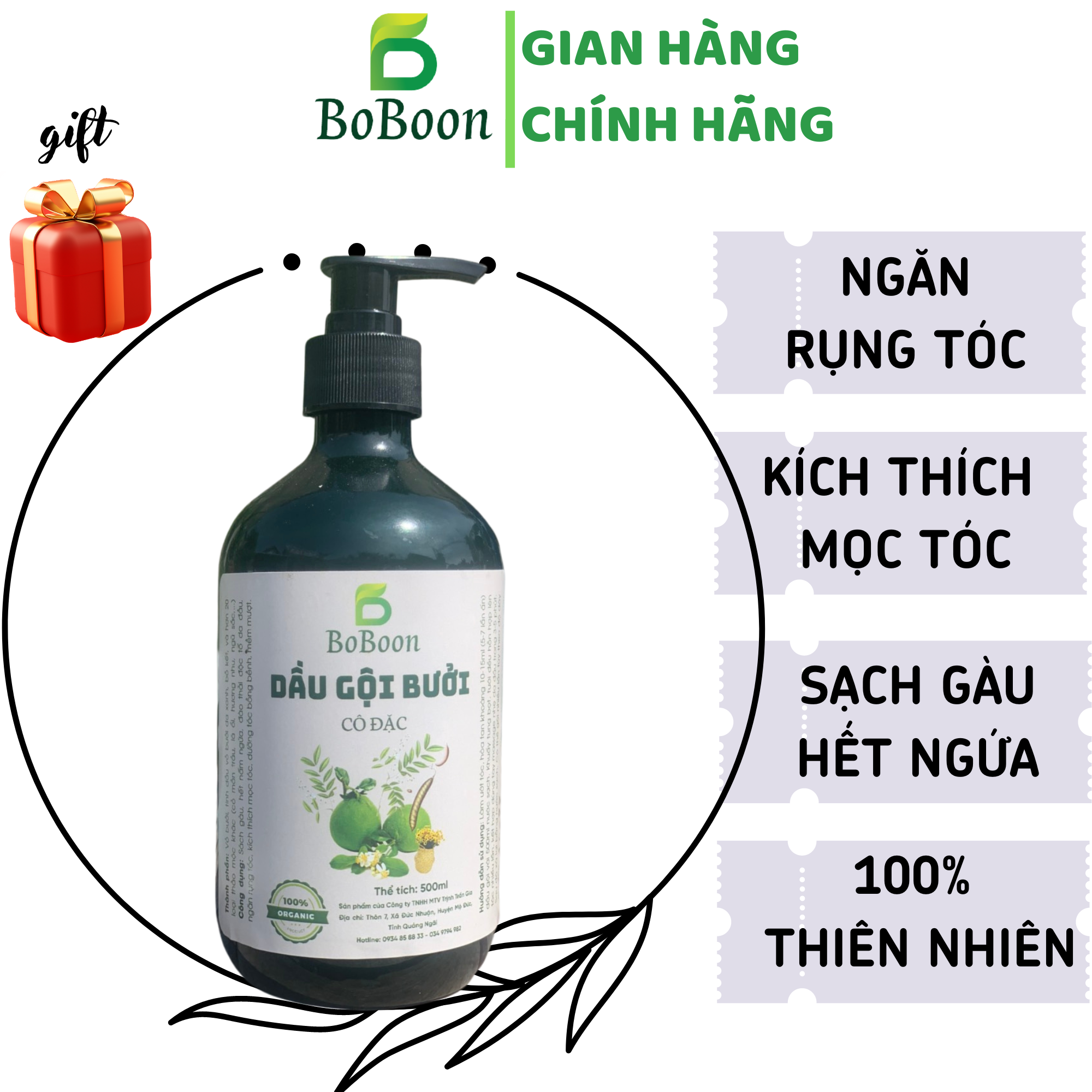 Dầu gội bưởi kích mọc tóc BoBoon sạch gàu, ngăn rụng tóc, kích thích mọc tóc nhanh 500ml