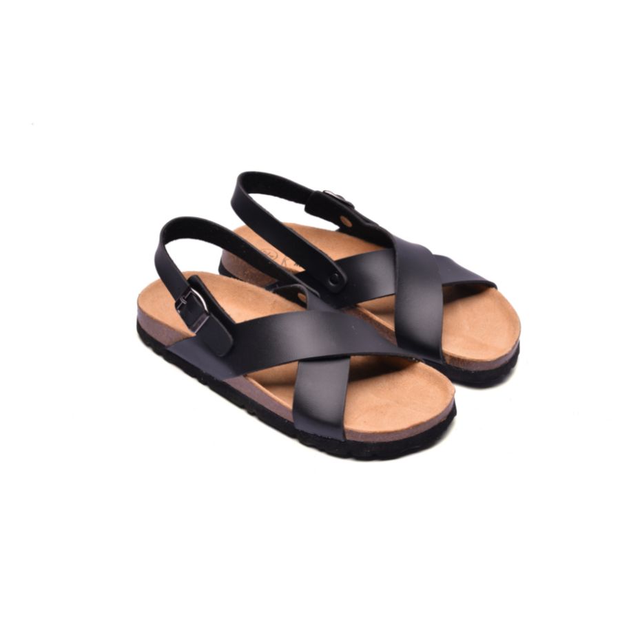 Giày Sandal đế trấu Unisex quai chéo da pu đen