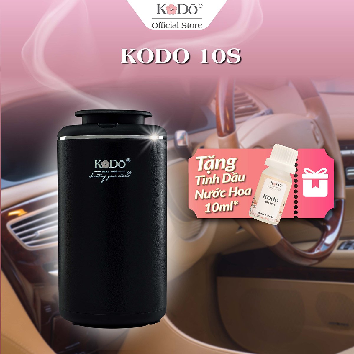 Máy khuếch tán tinh dầu nguyên chất KODO 10S dành cho xe hơi và không gian nhỏ trong gia đình - Diện tích khuếch tán: 10m2 - Bình dầu: 10ml
