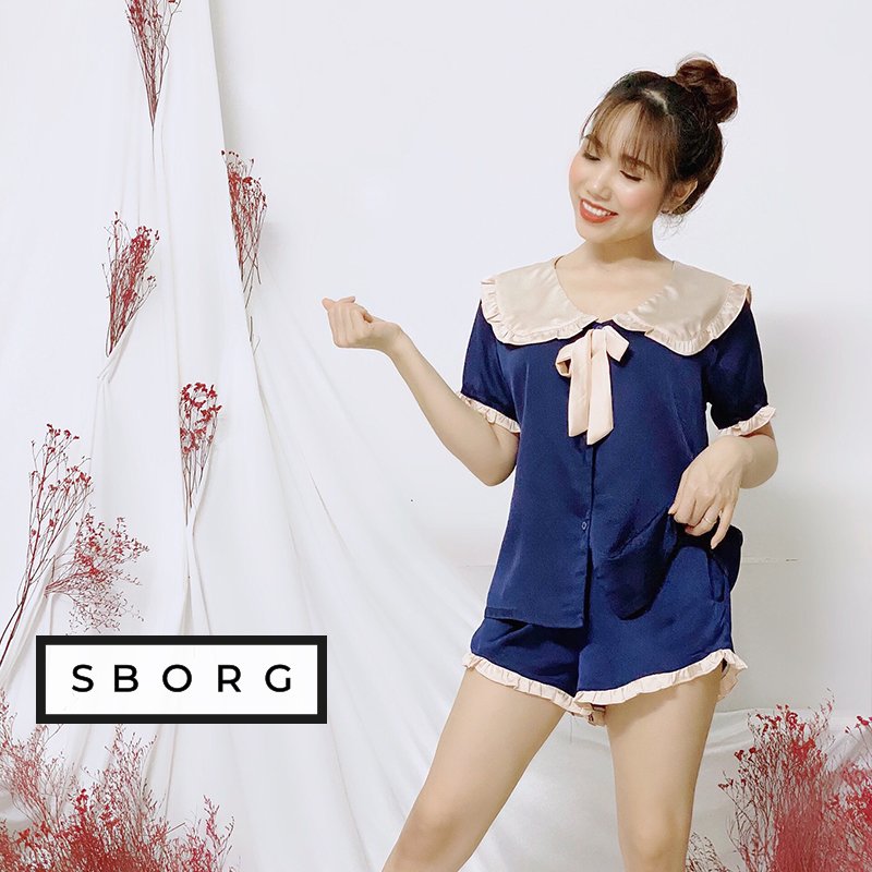 [HCM]Đồ bộ lụa satin SBORG đồ ngủ nữ cao cấp mềm mịn áo tay ngắn cổ bèo đính nơ dễ thương tiểu thư quần đùi viền dún cute có túi freesize dưới 55kg quà tặng vợ, bạn gái thuận tiện mặc nhà, mặc ngủ