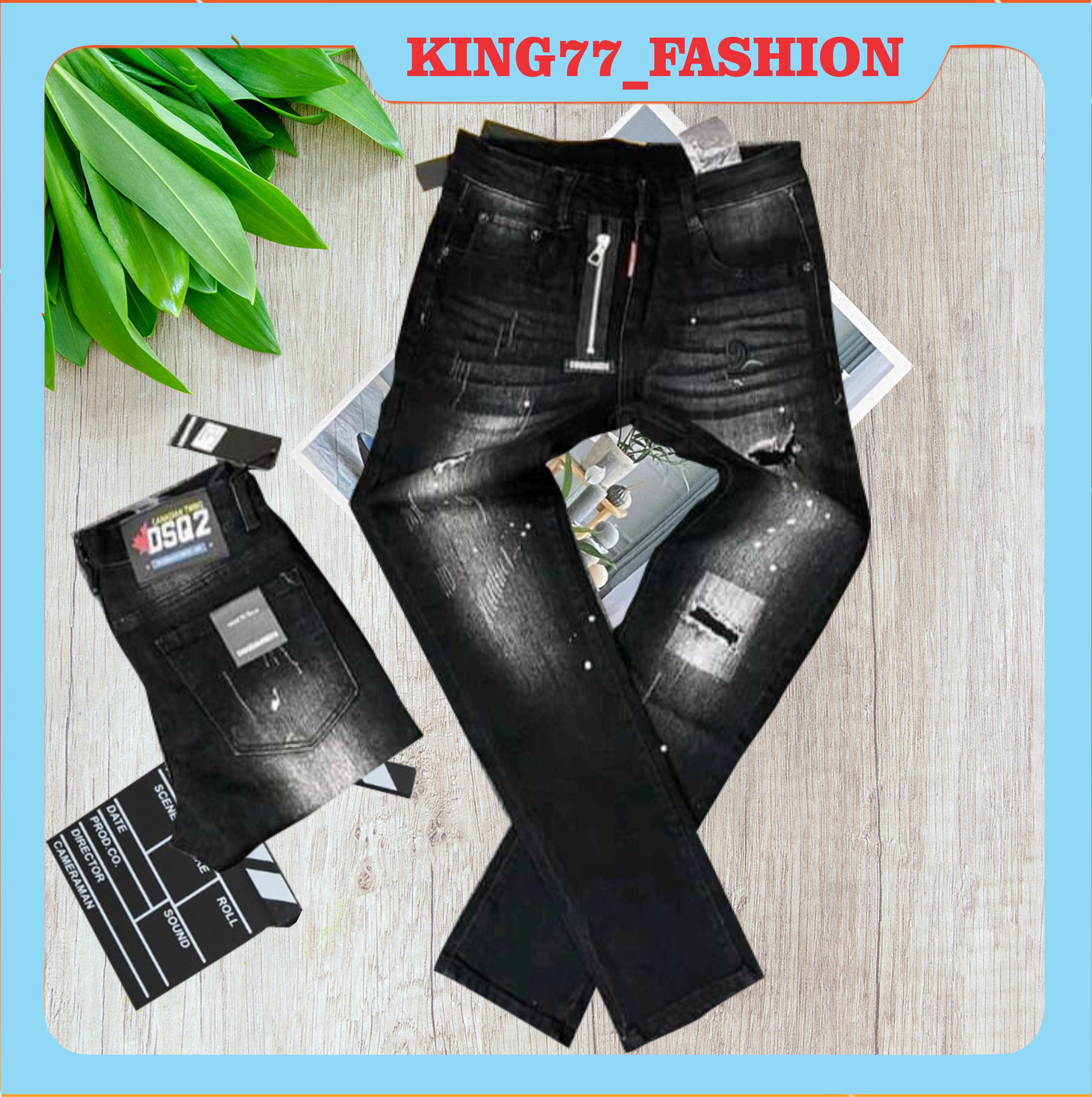 Quần jean nam đen rách chất bò phối khoá lệch from chuẩn dáng đẹp vải dày co dãn mẫu mới cao cấp KING77_FASHION