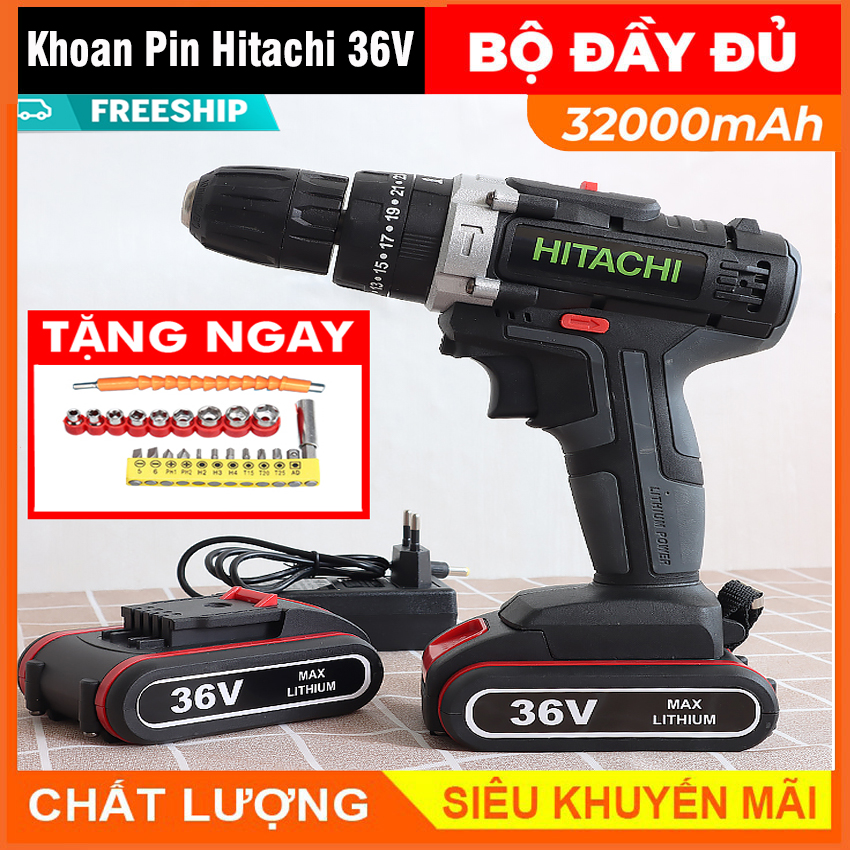 Máy khoan búa, vặn vít dùng pin máy khoan búa dùng pin chất lượng cao hitachi 36v 2 pin – 3 chức năng – tặng bộ phụ kiện 24 chi tiết – máy khoan bắn vít cầm tay