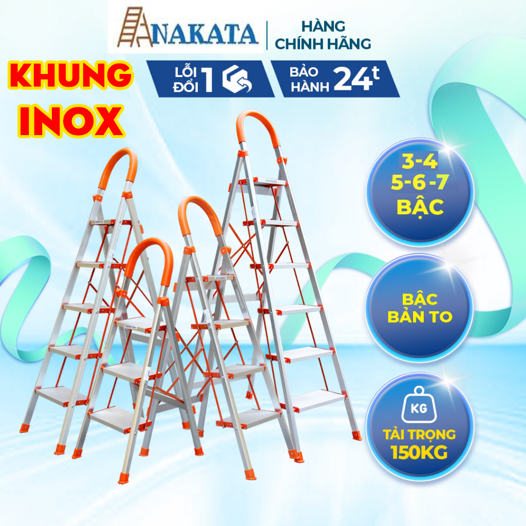 Thang ghế inox tay vịn gia đình 3,4,5,6,7 bậc NAKATA VN-103B, VN-104B, VN-105B, VN-106B, VN-107B (bảo hành 2 năm) thang gia đình, thang xếp gọn