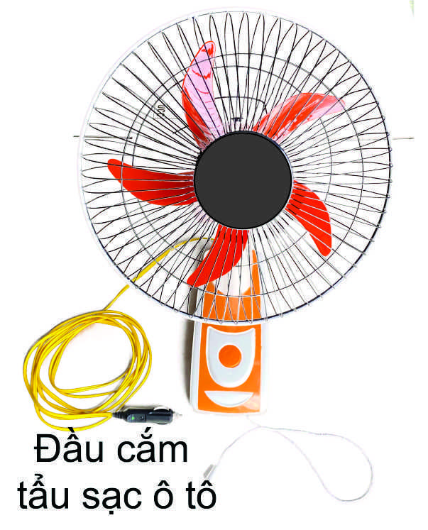 Quạt treo 12V, kẹp bình acquy và jack cắm trên ô tô.