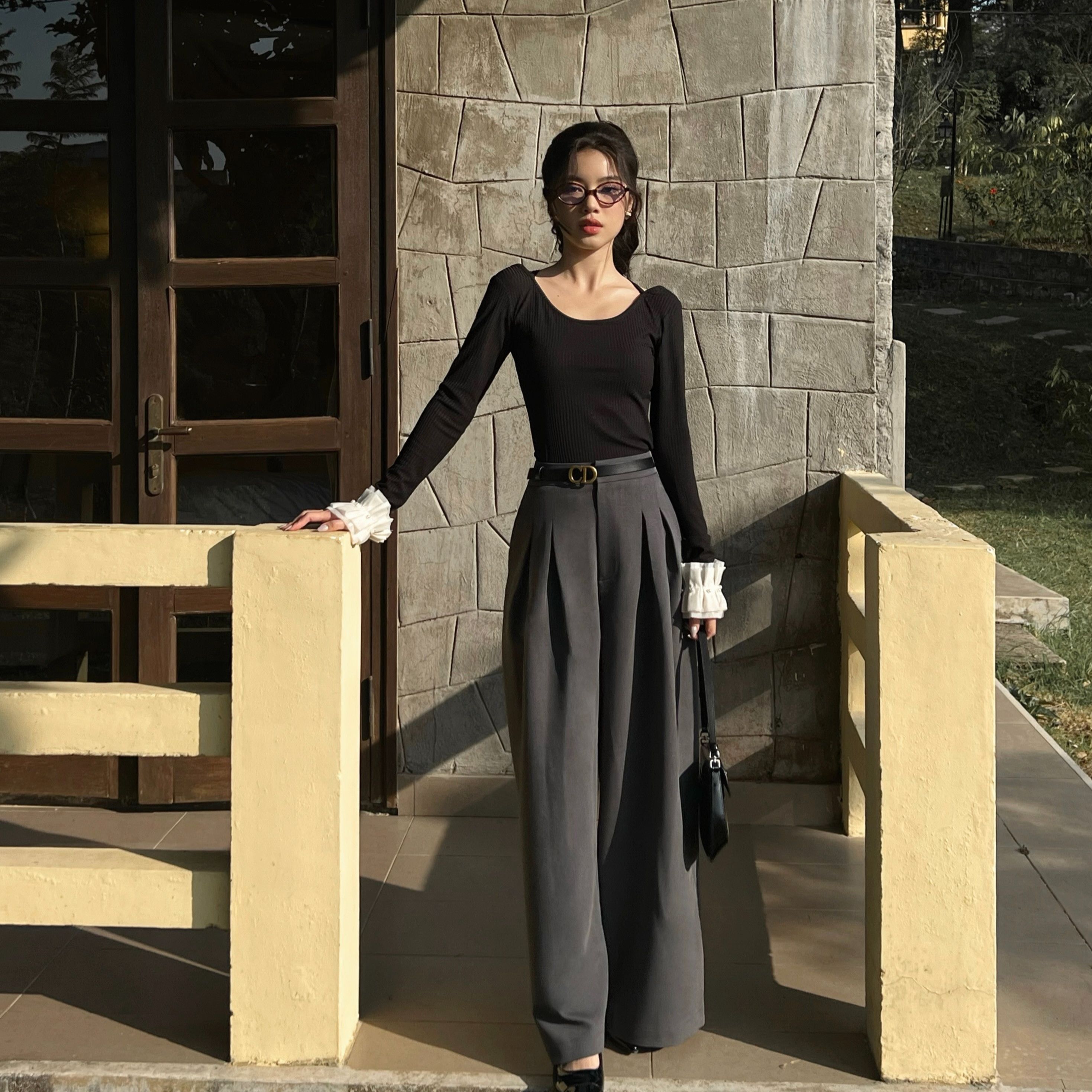 Manila Pants - Quần Suông Dài Ống Rộng Nữ Cạp Cao Hai Ly Đứng Form Dày Dặn Veo's Đi Làm, Đi Học, Công Sở Màu Be & Xám